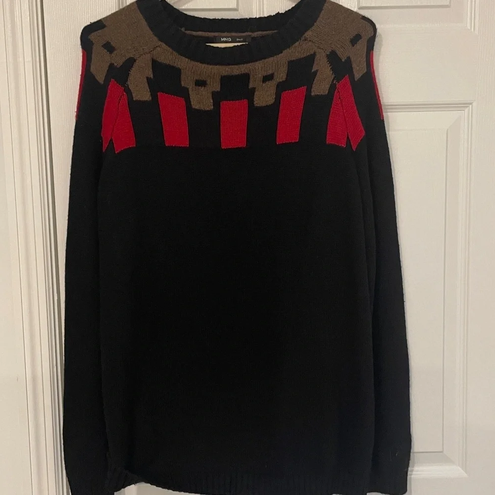 Mango Black Sweater with Red and Brown Detail Crewneck sweater in size xlg
